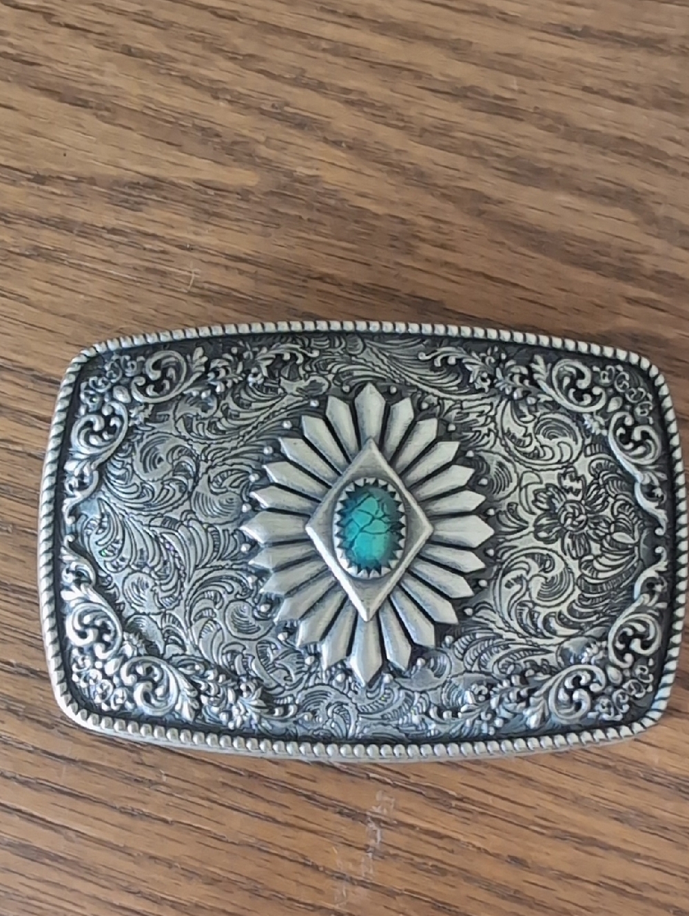 Ornate Silver Belt Buckle with Turquoise Stone